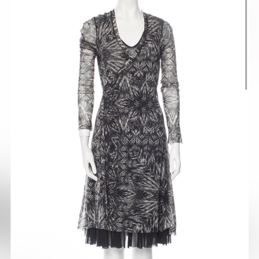 Fuzzi Sheer Mesh Black and White Abstract Print Whimsigoth Y2K Wrap Dress